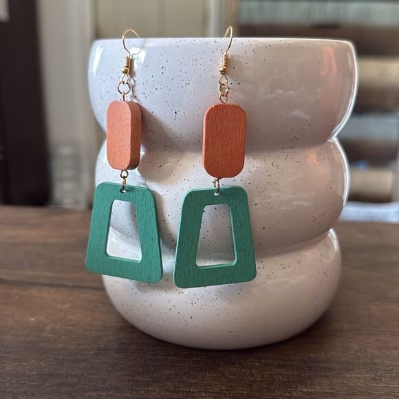 Geometric Green and Orange Trapezoid Earrings - Picture 1 of 7